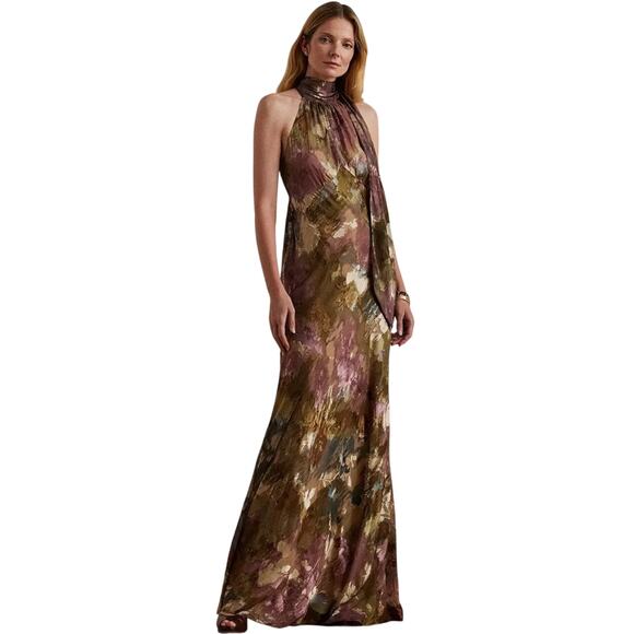 Lauren Ralph Lauren Floral Satin Halter Gown Multi Empire Waist Side Zip  Closure
